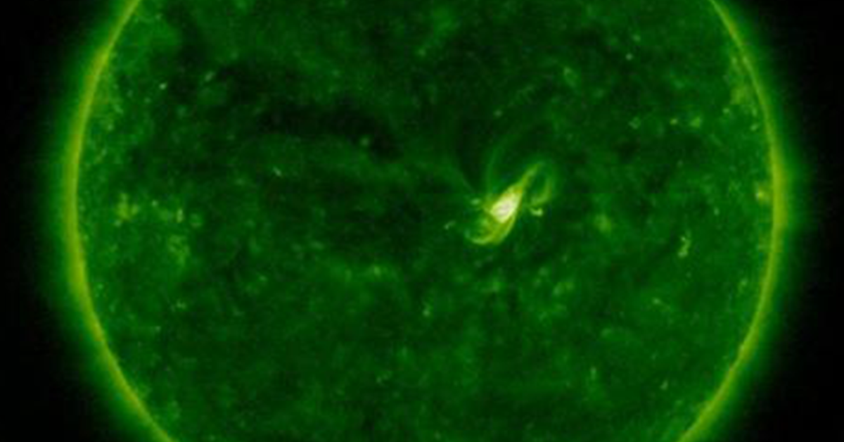 Six (6) million degree plasma (Fe XVIII; 94 Angstrom) from the solar corona imaged by the NOAA SUVI instrument on the GOES satellites. The bright central spot shows hot coronal loops associated with a solar flare.