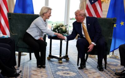 Trump handshake after trade deal with European Commission President Ursula von der Leyen, Turnberry, Scotland