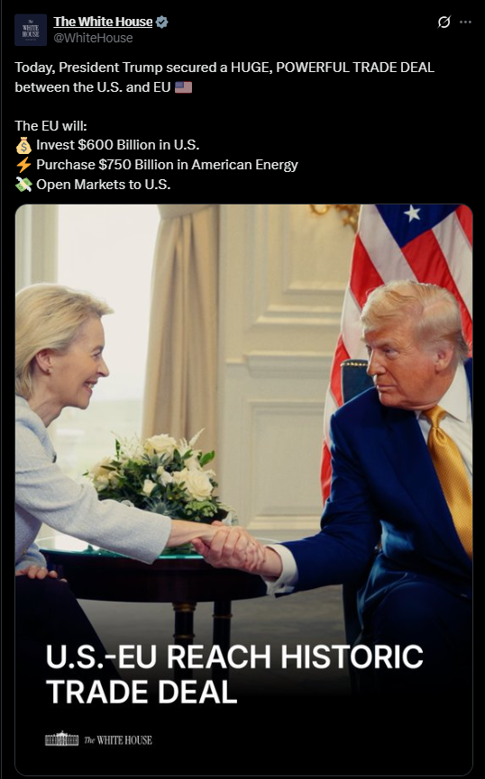 Trump White House X post announcing U.S.- EU Trade Deal