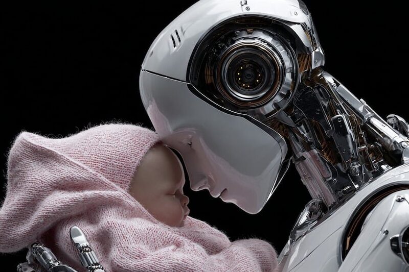 Humanoid robot and a baby. AI Generated Image