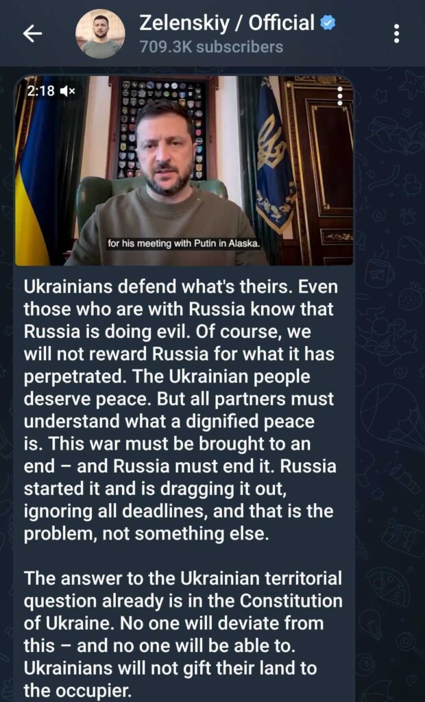Zelensky Telegram Post - The Modern Memo Zelensky Response to Alaska Summit and Putin Peace Proposal Via Telegram