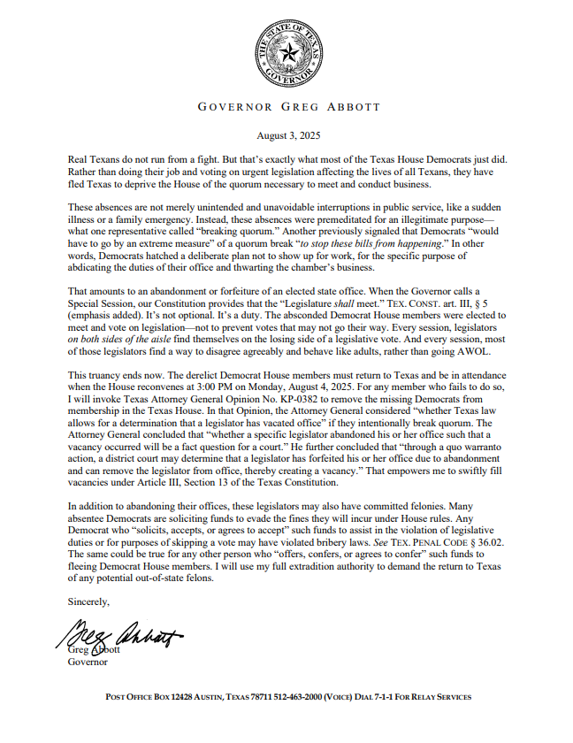 Texas Gov. Abbott letter on Democrats fleeing state to avoid redistricting vote.