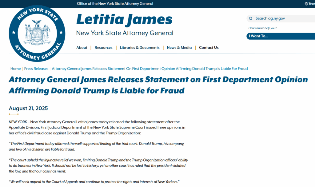AG Leticia James Statement - The Modern Memo Trump 0 million fraud penalty overturned by New York Appeals Court.