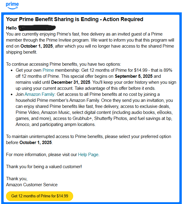 Popular Invitee Amazon Prime Program Ending Oct 1