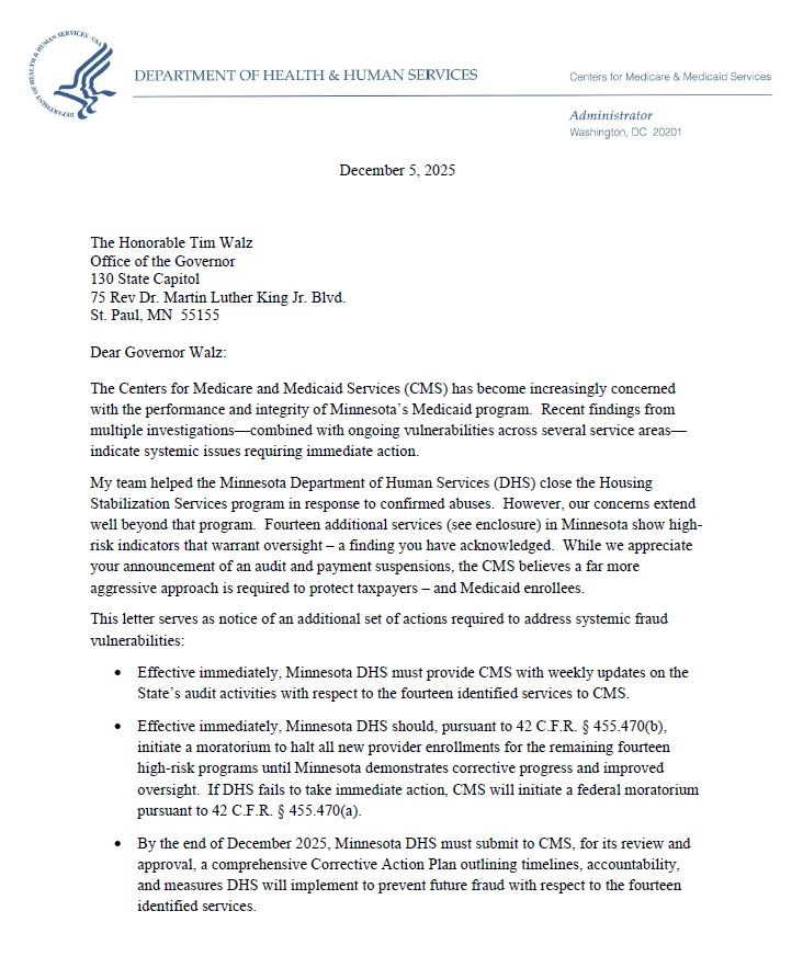 Dr. Oz Letter to Gov. Walz - The Modern Memo Somali Migrant Fraud in Minnesota and the Collapse of State Oversight