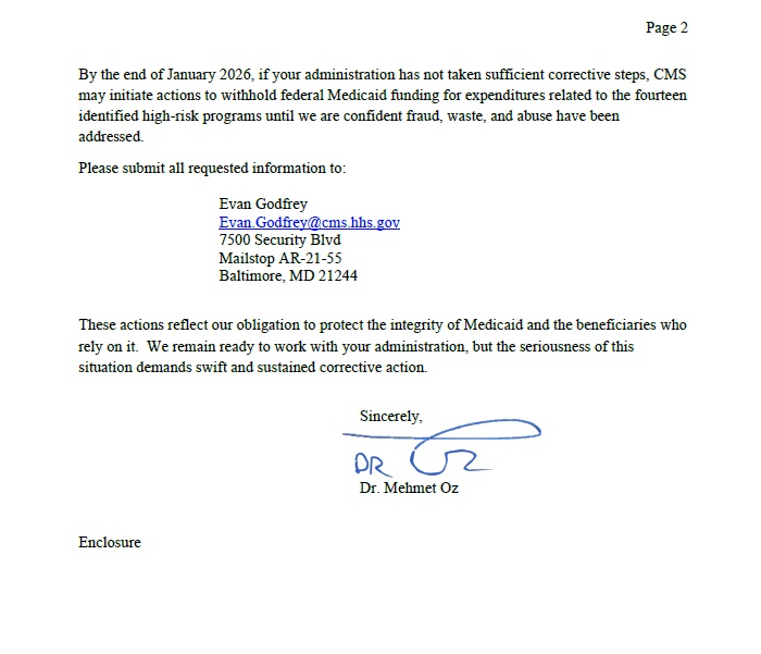 Dr. Oz Letter to Gov. Walz (2) - The Modern Memo Somali Migrant Fraud in Minnesota and the Collapse of State Oversight