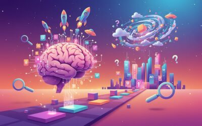 Abstract illustration of a large brain with rockets and circuitry, a futuristic city, and magnifying glasses symbolizing AI and search.