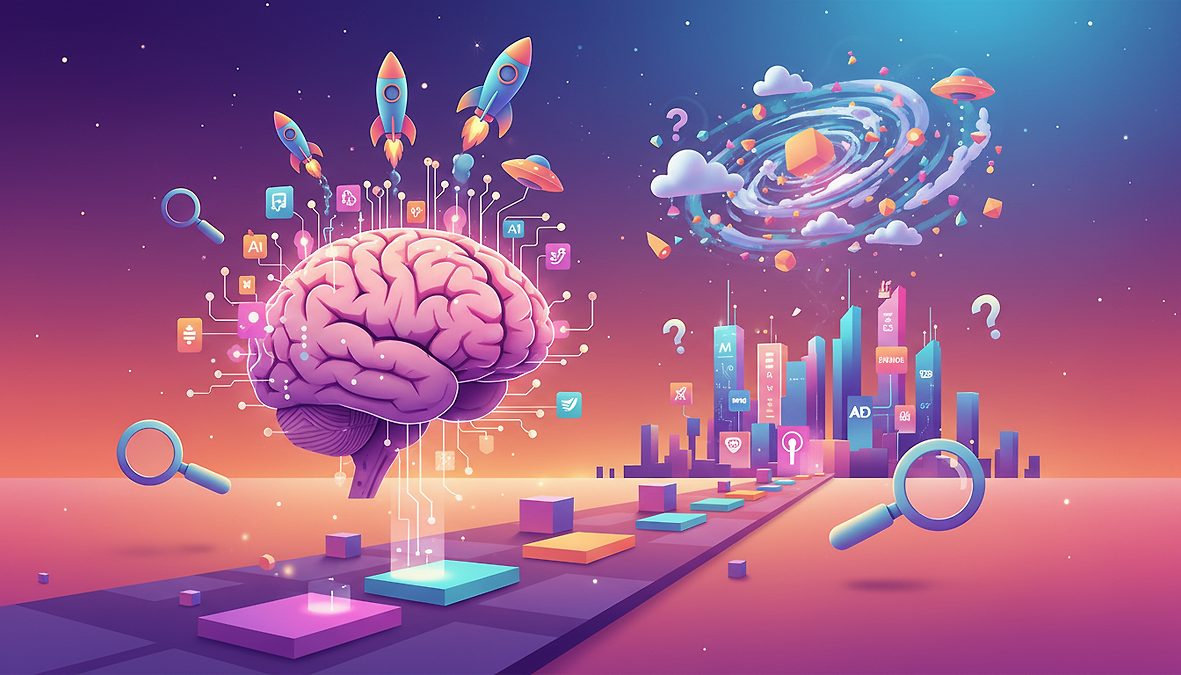 Abstract illustration of a large brain with rockets and circuitry, a futuristic city, and magnifying glasses symbolizing AI and search.