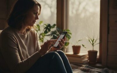 Woman sitting on a couch at home, looking at and tapping her smartphone by a sunlit windowsill with potted plants.