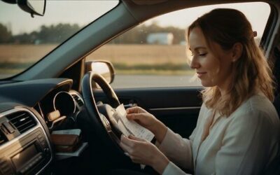 Woman in the driver's seat of a car, reading papers on her lap as daylight shines through the window by the dashboard.