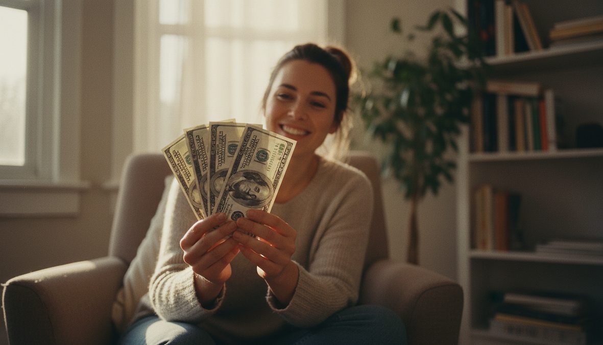 advertorial-573-section-1-1782311889865 - The Modern Memo Woman sitting in a chair, smiling, as she fans out multiple US dollar bills in front of her at home.