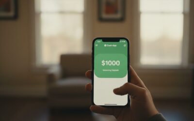 Hand holding a smartphone showing a Cash App screen with a green card and $1000 indicating an incoming deposit in an indoor setting