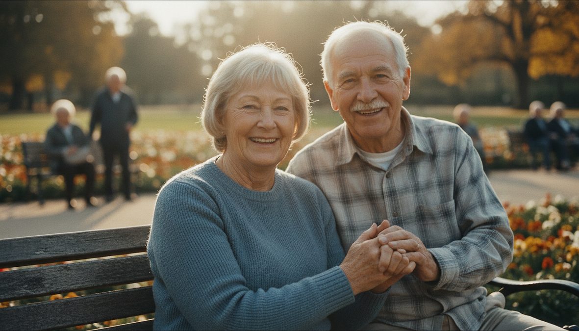 Older couple sitting on a park bench, holding hands and smiling at the camera during golden hour with flowers in the background.