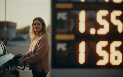 Woman in a beige sweater fueling a car at a gas station, holding the nozzle beside a white vehicle; a large price board shows 1.55 and 1.56 in bright orange digits.
