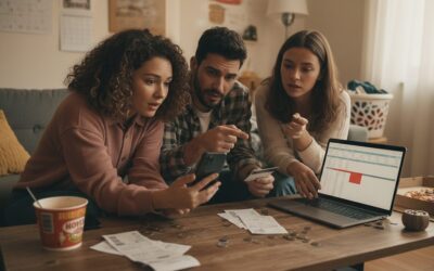 Three friends sit on a couch, looking at a laptop as they review receipts and a spreadsheet on screen, with coins and papers on the table nearby.