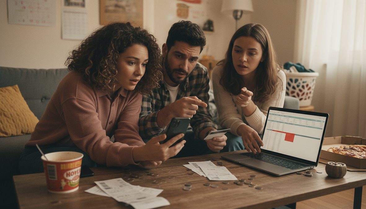 Three friends sit on a couch, looking at a laptop as they review receipts and a spreadsheet on screen, with coins and papers on the table nearby.