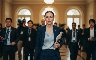 Professional woman in a blue suit walking through a crowded hallway with documents in hand, looking forward confidently