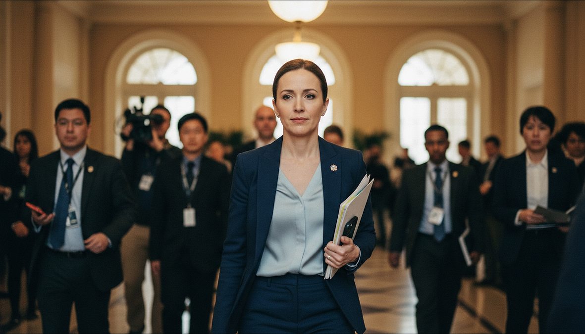 Professional woman in a blue suit walking through a crowded hallway with documents in hand, looking forward confidently