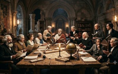 Group of scholars in medieval robes sit around a large wooden table, studying scrolls and books by candlelight in a stone library with a globe at center.
