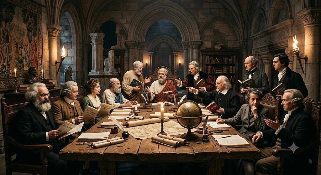 Group of scholars in medieval robes sit around a large wooden table, studying scrolls and books by candlelight in a stone library with a globe at center.