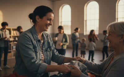 Smiling woman in a denim jacket hands folded clothes to an older woman at a charity clothing drive in a bright room.