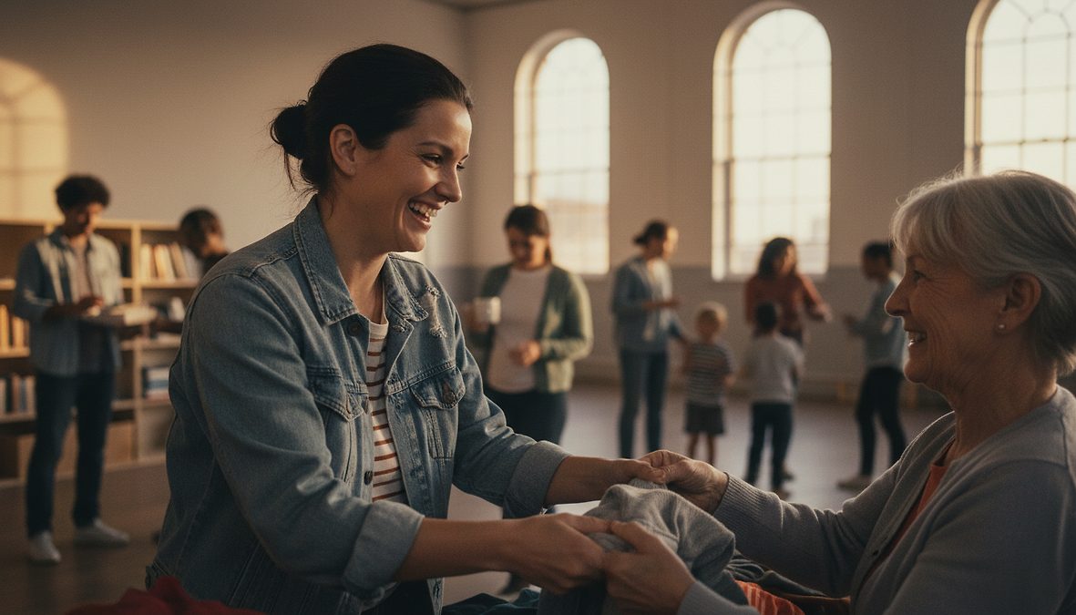 Smiling woman in a denim jacket hands folded clothes to an older woman at a charity clothing drive in a bright room.