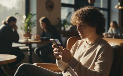 Young man sitting in a sunlit cafe, scrolling on his smartphone.