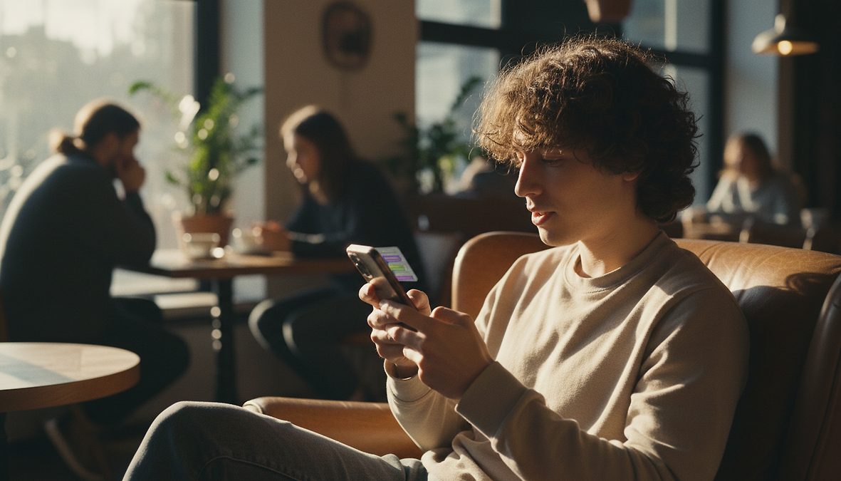 Young man sitting in a sunlit cafe, scrolling on his smartphone.