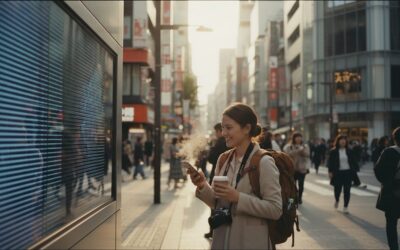 Woman with a backpack and camera stands on a busy city street, checking her phone while holding a coffee.