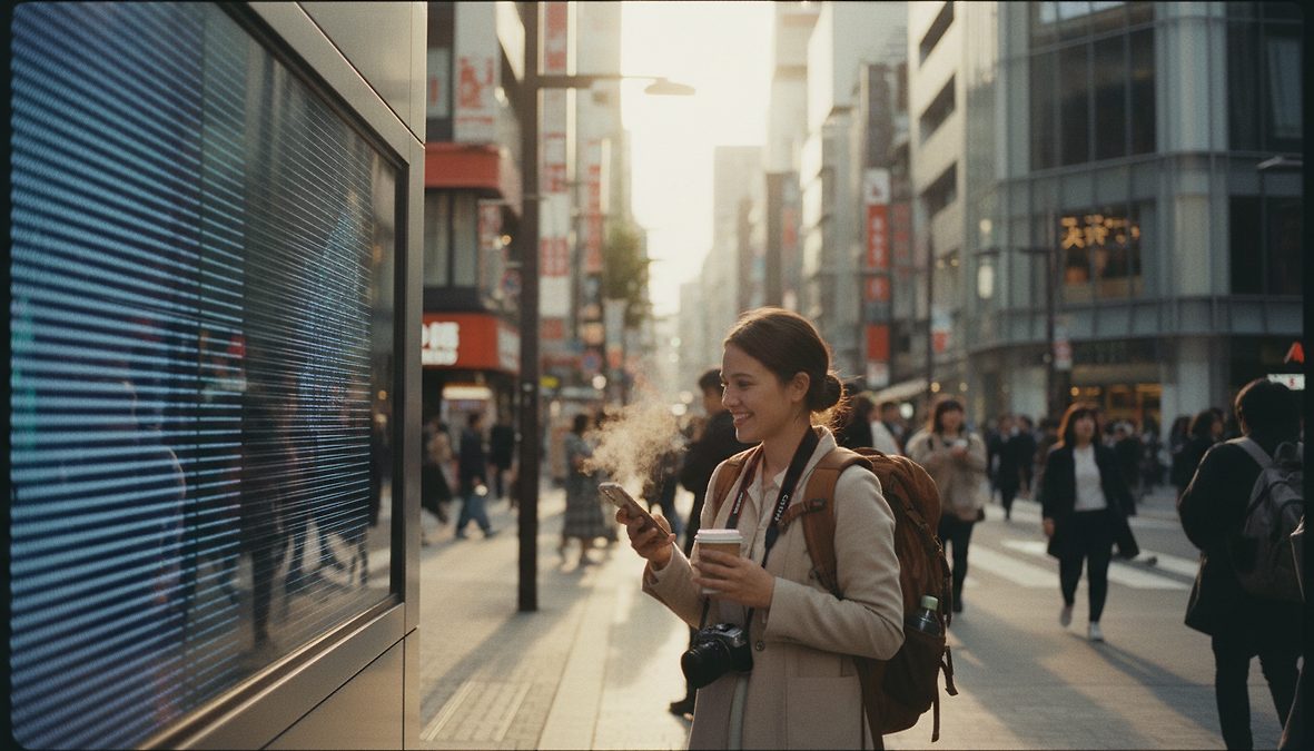 Woman with a backpack and camera stands on a busy city street, checking her phone while holding a coffee.