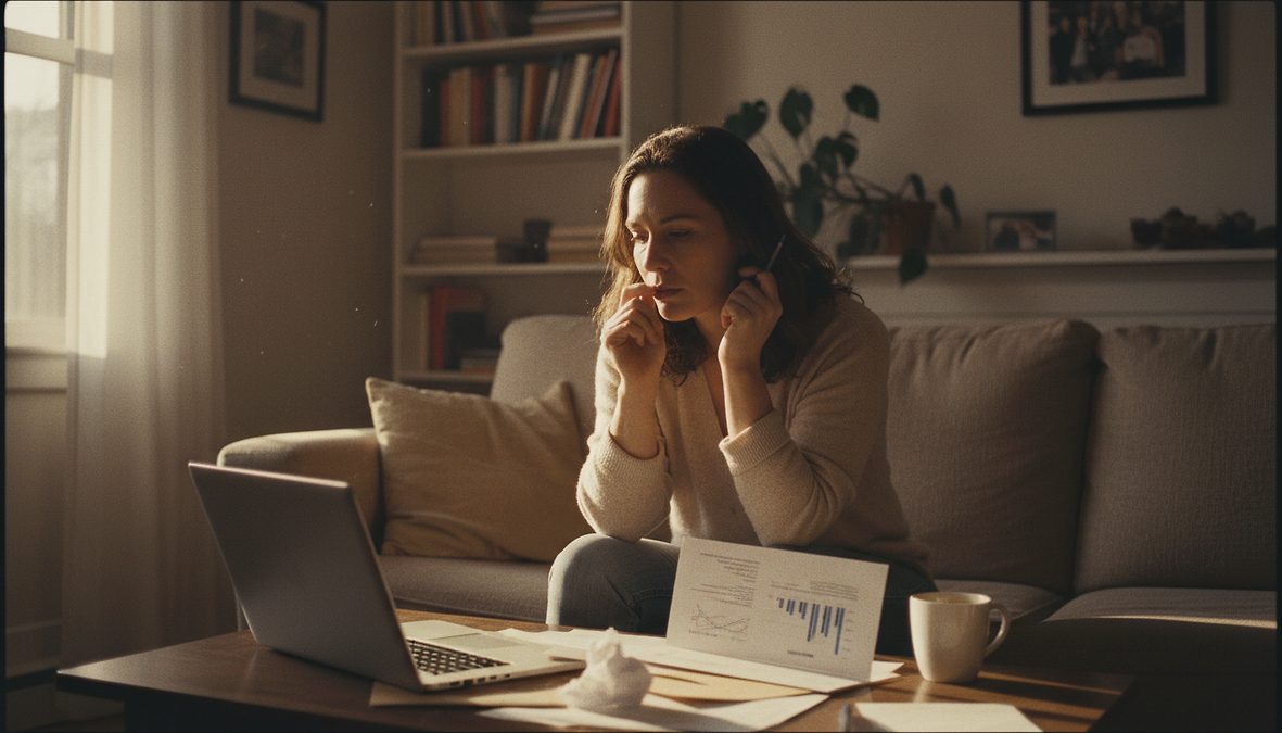 Woman on a phone call seated on a sofa with a laptop, papers, and a mug on a coffee table in a cozy living room.