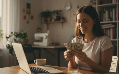 Smiling woman counts dollar bills at a home desk with a laptop.