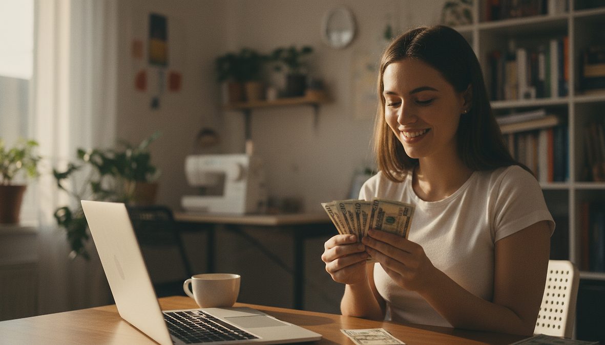 Smiling woman counts dollar bills at a home desk with a laptop.