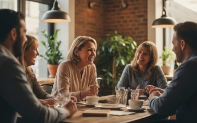 Five coworkers sit around a coffee-shop table, smiling and chatting amid cups and glasses of water.