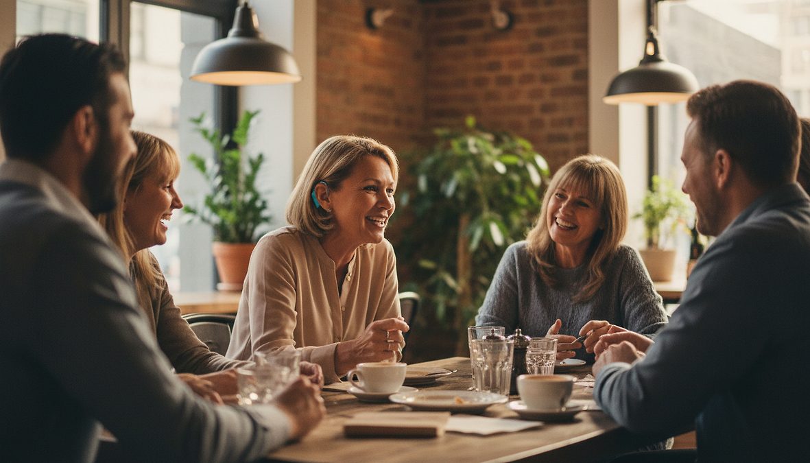 Five coworkers sit around a coffee-shop table, smiling and chatting amid cups and glasses of water.