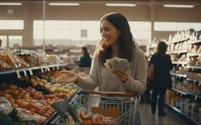 Smiling woman in a supermarket holding cash while pushing a grocery cart past produce shelves in the well-lit aisle.