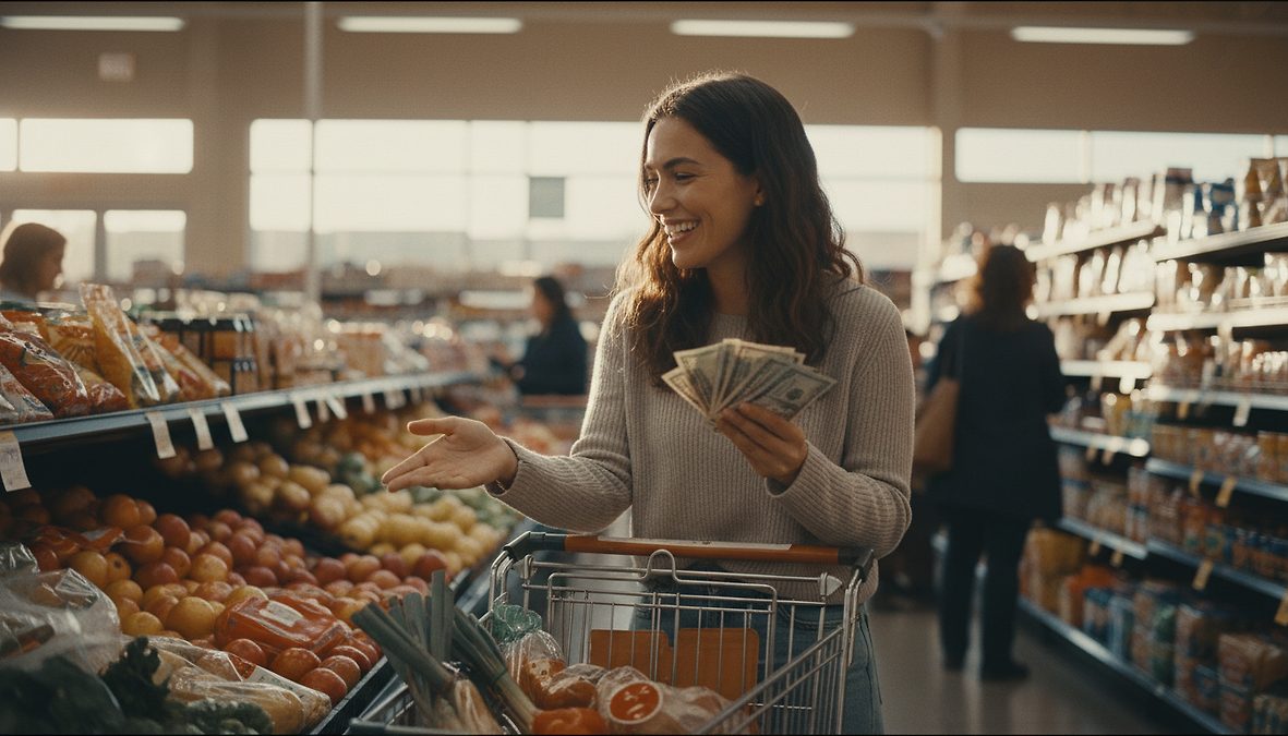 Smiling woman in a supermarket holding cash while pushing a grocery cart past produce shelves in the well-lit aisle.