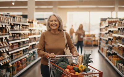 Smiling older woman pushing a grocery cart filled with vegetables down a supermarket aisle.