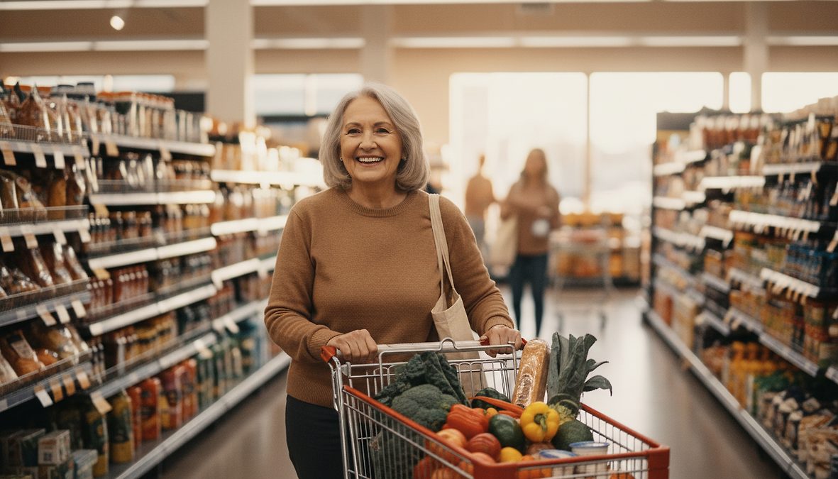 Smiling older woman pushing a grocery cart filled with vegetables down a supermarket aisle.