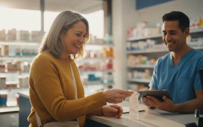 Smiling customer at a pharmacy counter hands over a receipt to a pharmacist who holds a tablet on the counter.
