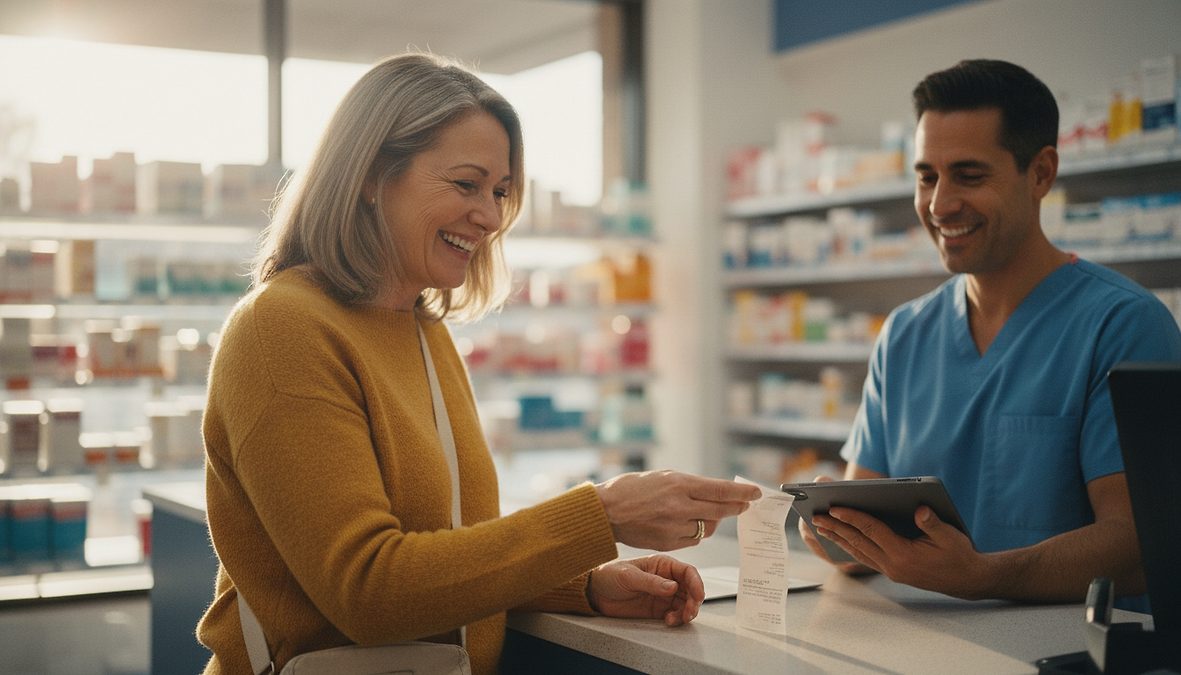 Smiling customer at a pharmacy counter hands over a receipt to a pharmacist who holds a tablet on the counter.