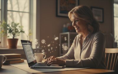 Woman at a home desk typing on a laptop with floating dollar signs from the screen, suggesting online income or digital payments.