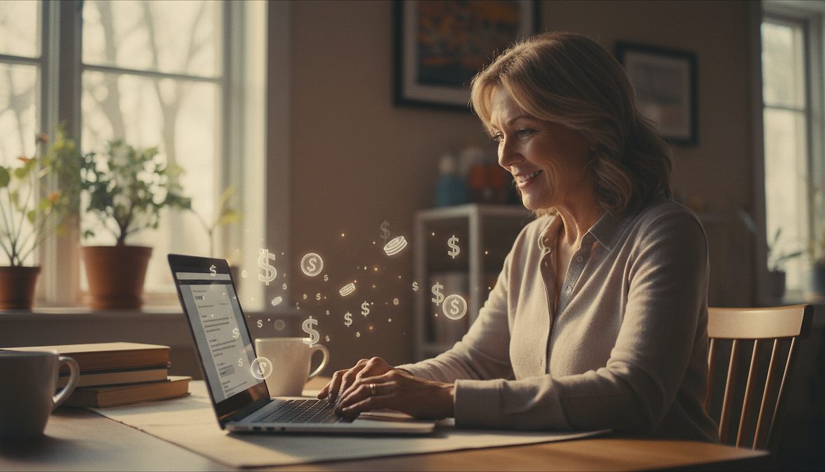 Woman at a home desk typing on a laptop with floating dollar signs from the screen, suggesting online income or digital payments.