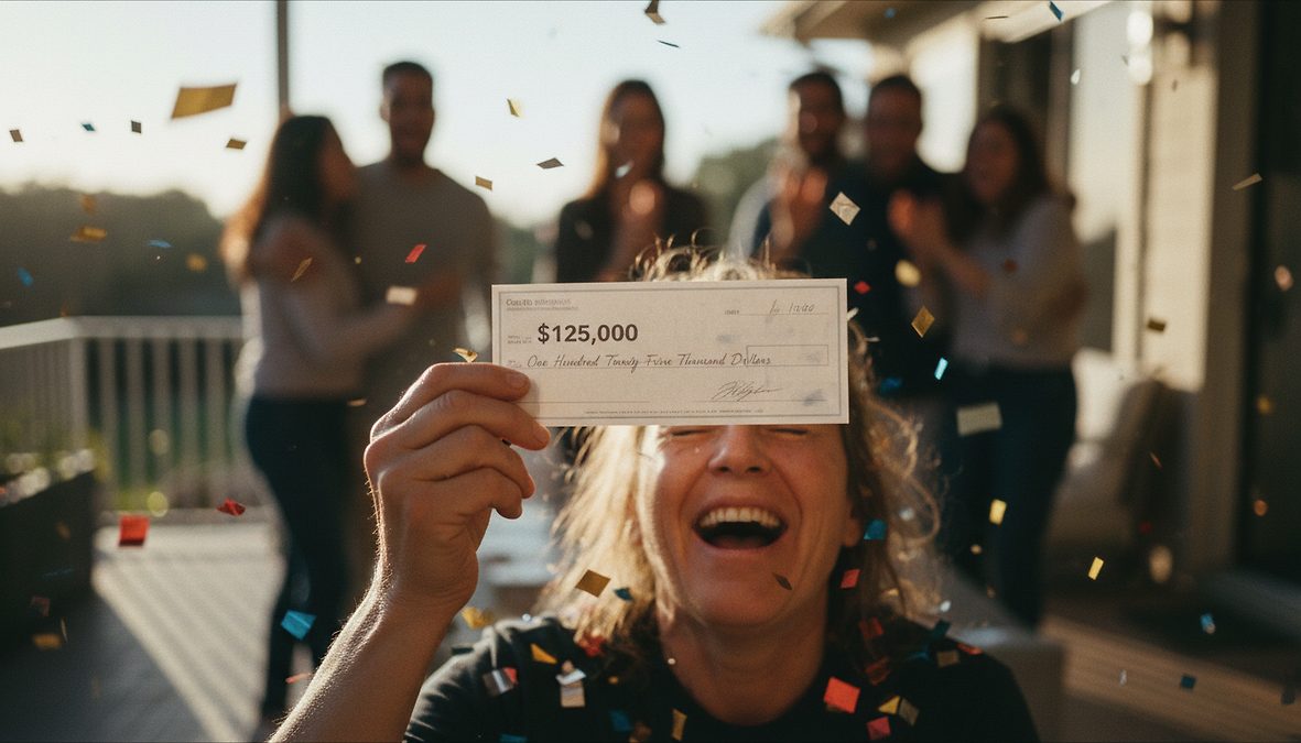 Woman cheers, holding a large $125,000 check as colorful confetti rains down at a celebration with friends in the background.