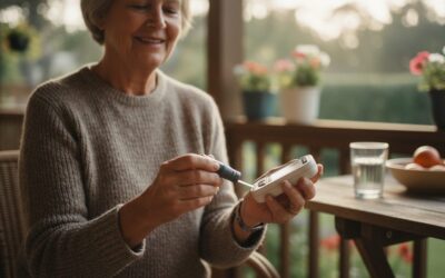 Elderly woman sitting on a porch testing her blood sugar with a glucose meter and lancing device.