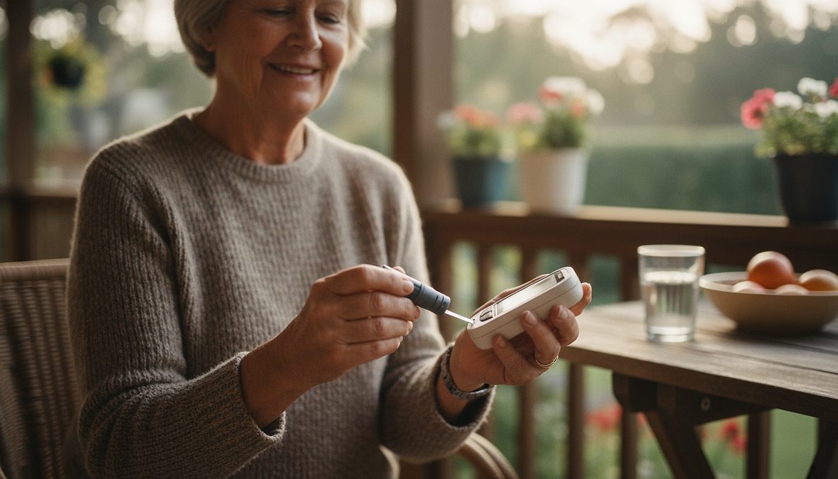 Elderly woman sitting on a porch testing her blood sugar with a glucose meter and lancing device.