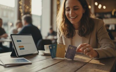 Woman at a cafe shows a tablet on a stand and several credit cards fanned on the table while smiling, as if making a payment or checking out.