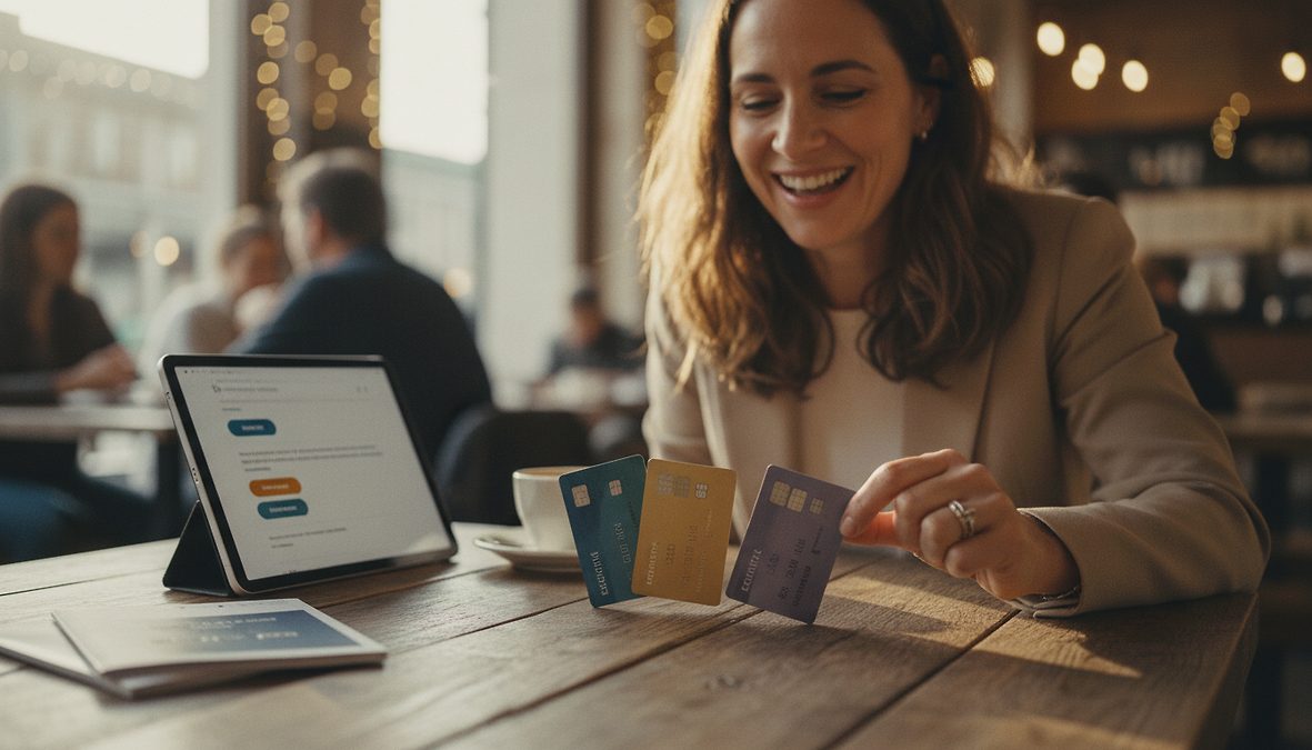 Woman at a cafe shows a tablet on a stand and several credit cards fanned on the table while smiling, as if making a payment or checking out.