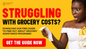 Bright yellow ad reading 'STRUGGLING WITH GROCERY COSTS?' in bold red/black; a surprised woman on the right holds groceries, promoting a free grocery‑assistance guide with a red 'GET THE GUIDE NOW' button.